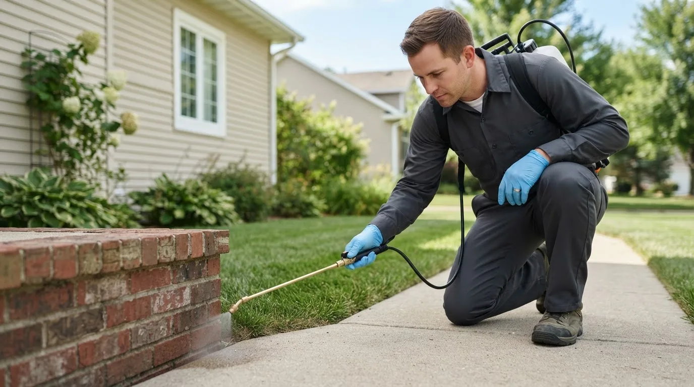 Pest control technician treating a home near Tebbetts, MO