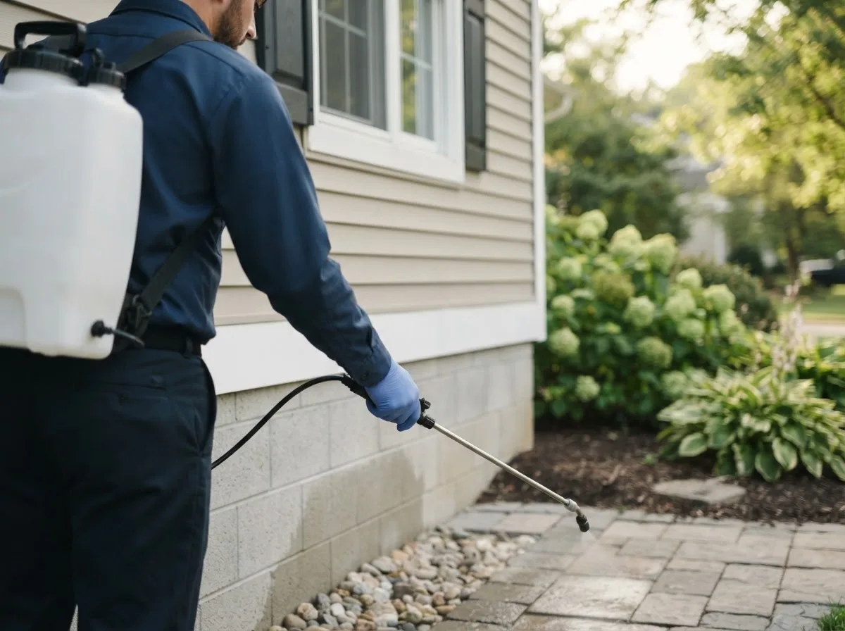 Pest control technician inspecting a home in Tebbetts, MO